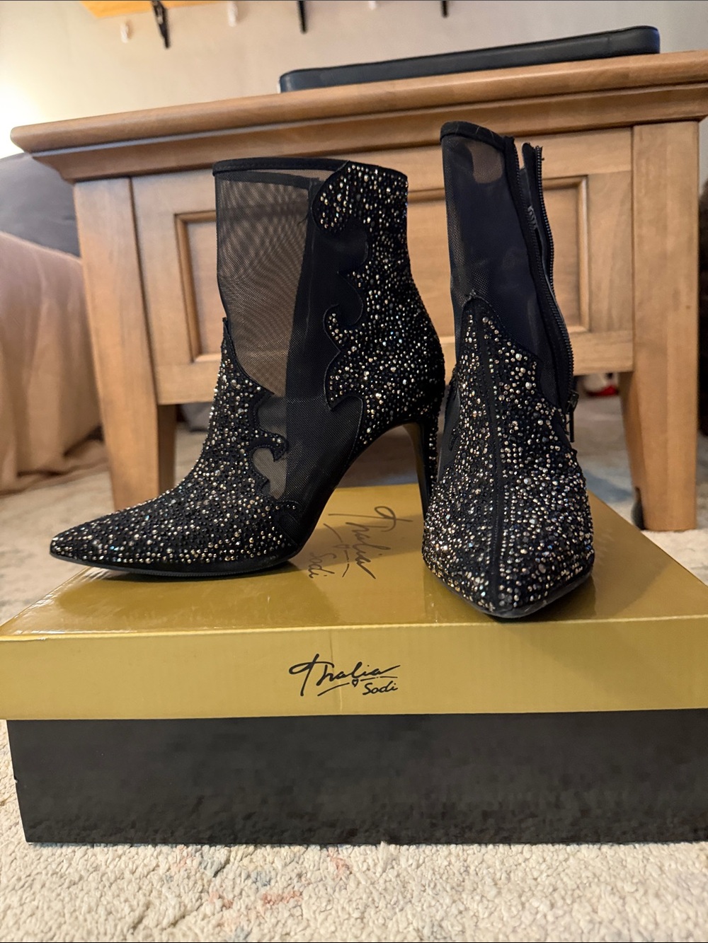 Thalia Sodi Black Crystal Mesh Pointed Stiletto Ankle Boots